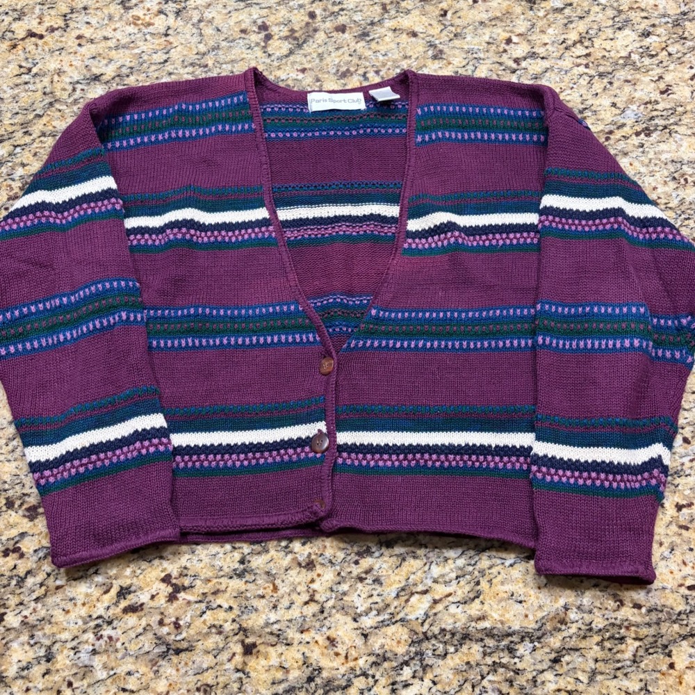 Paris Sport Club Vintage Striped Cropped Cardigan Sweater Purple Ramie Cotton S